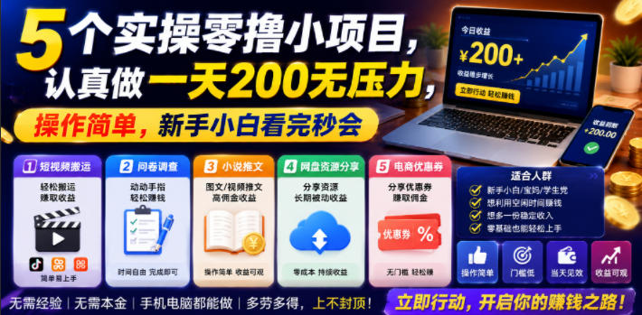 5个实操零撸小项目，认真做一天200无压力，操作简单，新手小白看完秒会【揭秘】-我爱项目网