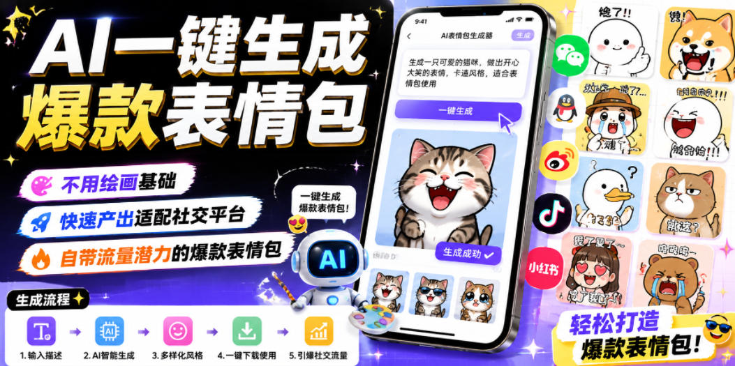 AI一键生成爆款表情包，不用绘画基础，快速产出适配社交平台，自带流量潜力的爆款表情包-我爱项目网