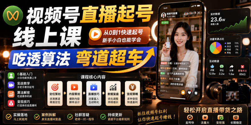 视频号直播起号线上课，吃透算法弯道超车（2026年6月）-我爱项目网
