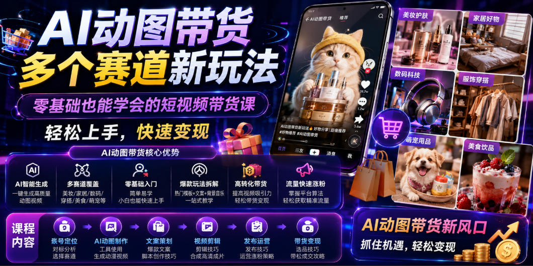 AI动图带货多个赛道新玩法，零基础也能学会的短视频带货课，轻松上手，快速变现-我爱项目网
