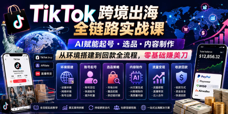 TikTok跨境出海全链路实战课，AI赋能起号・选品・内容制作，从环境搭建到回款全流程，零基础賺美刀-我爱项目网