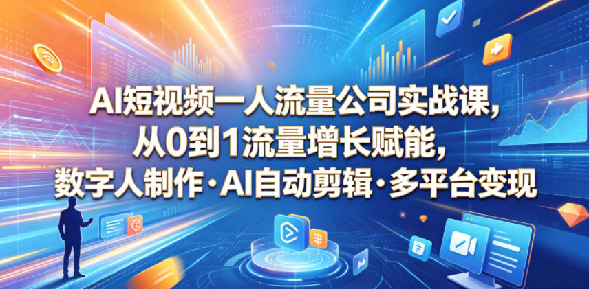 AI短视频一人流量公司实战课，从0到1流量增长赋能，数字人制作・AI自动剪辑・多平台变现，一人做流量生意全落地教程-我爱项目网