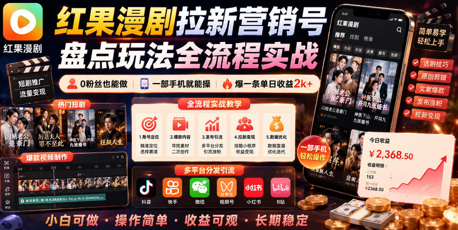 红果漫剧拉新营销号盘点玩法全流程实战，0粉丝也能做，一部手机就能做，爆一条单日收益2k+-我爱项目网