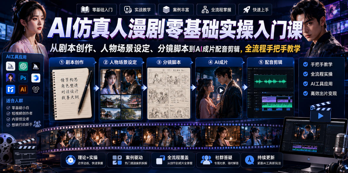 AI仿真人漫剧零基础实操入门课，从剧本创作、人物场景设定、分镜脚本到AI成片配音剪辑，全流程手把手教学-我爱项目网