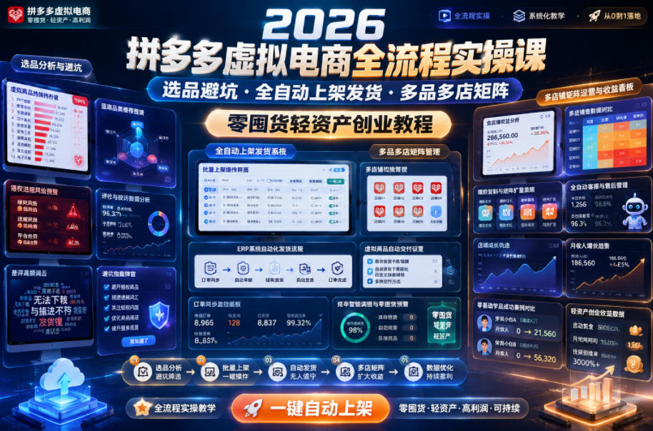 2026拼多多虚拟电商全流程实操课,选品避坑・全自动上架发货・多品多店矩阵,零囤货轻资产创业教程-我爱项目网