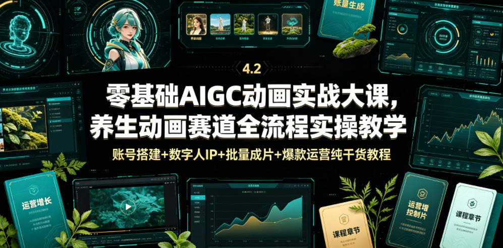 零基础AIGC动画实战大课，养生动画赛道全流程实操教学，账号搭建+数字人IP+批量成片+爆款运营纯干货教程-我爱项目网