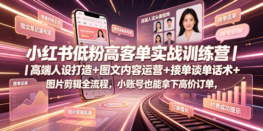 小红书低粉高客单实战训练营｜高端人设打造+图文内容运营+接单谈单话术+图片剪辑全流程，小账号也能拿下高价订单-我爱项目网