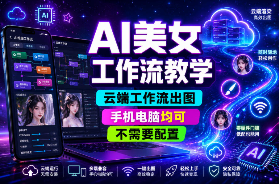 AI美女工作流教学，云端工作流出图，手机电脑均可，不需要配置，快速起号涨粉-我爱项目网