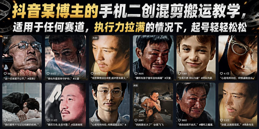 抖音某博主的手机二创混剪搬运教学，适用于任何赛道，执行力拉满的情况下，起号轻轻松松-我爱项目网
