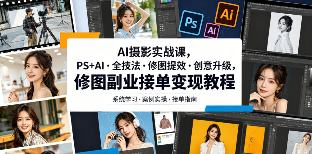 AI摄影实战课，PS+AI・全技法・修图提效・创意升级，修图副业接单变现教程-我爱项目网