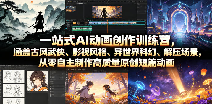 一站式AI动画创作训练营，涵盖古风武侠、影视风格、异世界科幻、解压场景，从零自主制作高质量原创短篇动画-我爱项目网