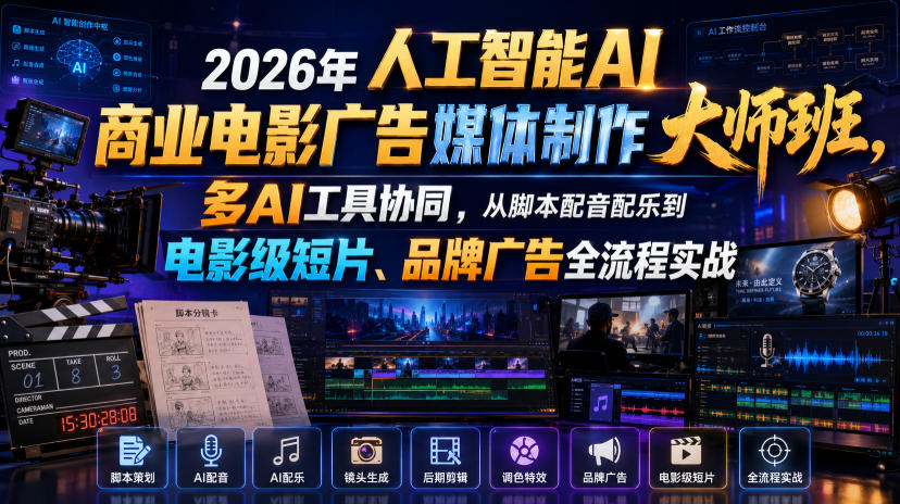 2026年人工智能AI商业电影广告媒体制作大师班，多AI工具协同，从脚本配音配乐到电影级短片、品牌广告全流程实战（中英字幕）-我爱项目网