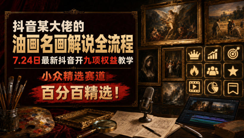 抖音某大佬的油画名画解说全流程，7.24日最新抖音开九项权益教学，小众精选赛道，百分百精选！-我爱项目网