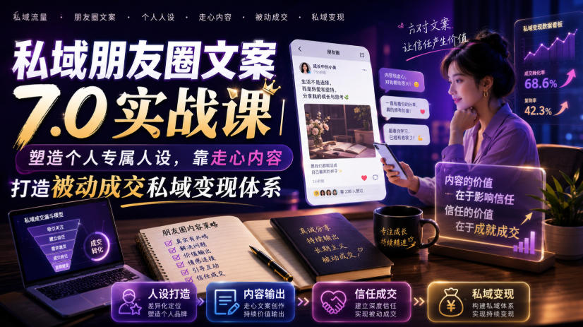 私域朋友圈文案7.0实战课｜塑造个人专属人设，靠走心内容打造被动成交私域变现体系-我爱项目网