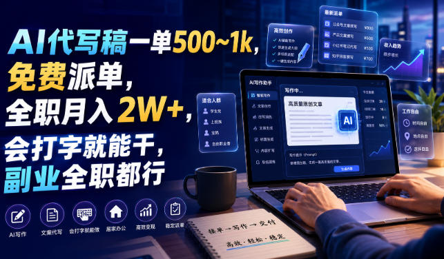AI代写稿一单500~1k，免费派单，全职月入2W+，会打字就能干，副业全职都行【揭秘】-我爱项目网