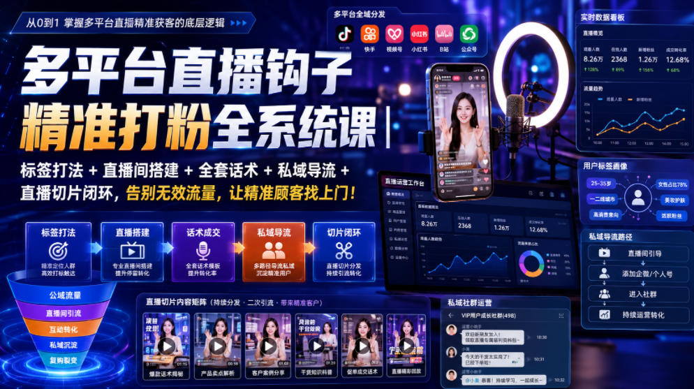 多平台直播钩子精准打粉全系统课｜标签打法+直播间搭建+全套话术+私域导流+直播切片闭环，告别无效流量，让精准顾客找上门！-我爱项目网