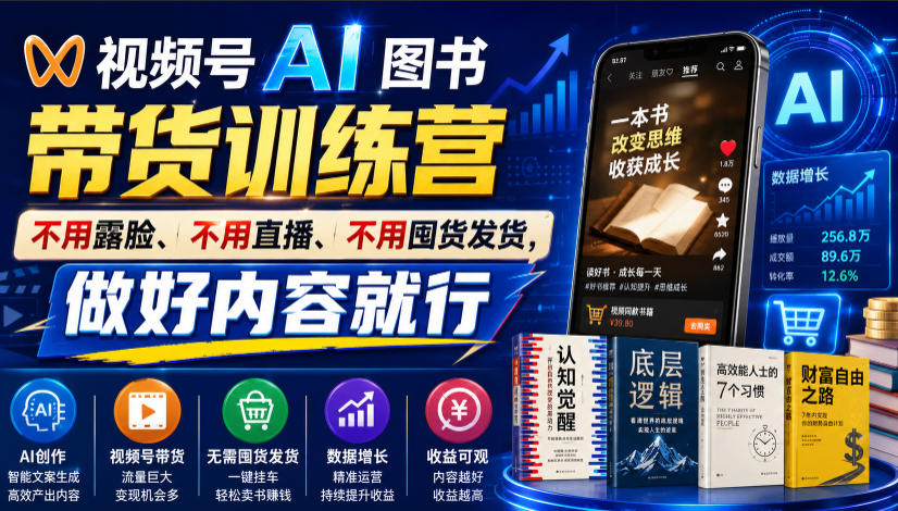视频号AI图书带货训练营，不用露脸、不用直播、不用囤货发货，做好内容就行，一条爆款视频佣金8942-我爱项目网