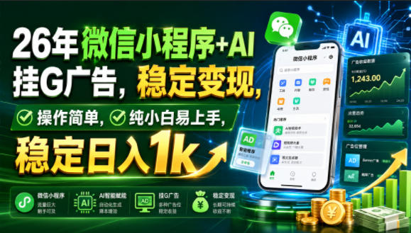 26年微信小程序+AI挂G广告，稳定变现，操作简单，纯小白易上手，稳定日入1k【揭秘】-我爱项目网