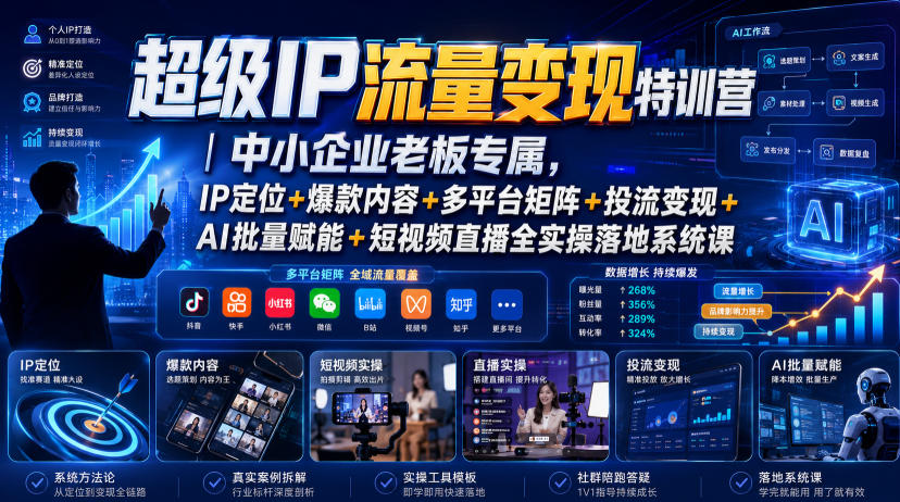 超级IP流量变现特训营｜中小企业老板专属，IP定位+爆款内容+多平台矩阵+投流变现+AI批量赋能+短视频直播全实操落地系统课-我爱项目网