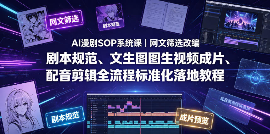 AI漫剧SOP系统课｜网文筛选改编、剧本规范、文生图图生视频成片、配音剪辑全流程标准化落地教程-我爱项目网