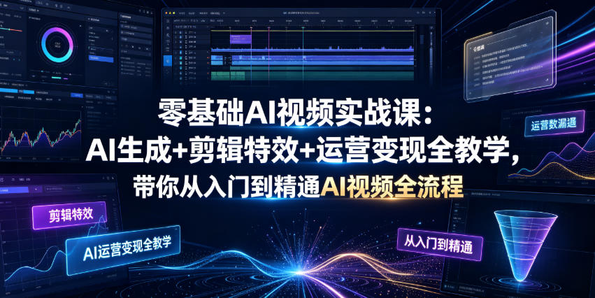 零基础AI视频实战课：AI生成+剪辑特效+运营变现全教学，带你从入门到精通AI视频全流程-我爱项目网