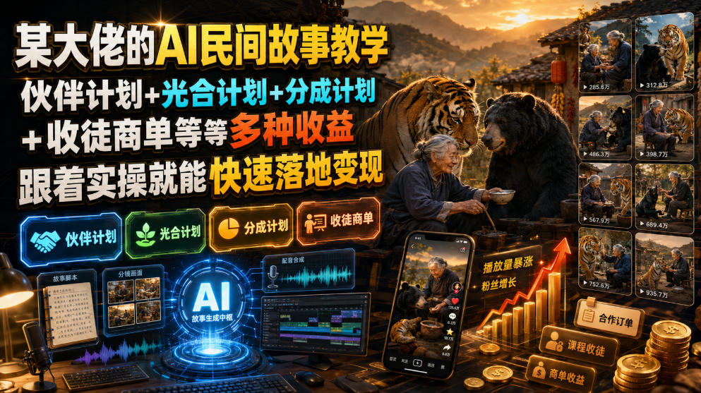 某大佬的AI民间故事教学，伙伴计划+光合计划+分成计划+收徒商单等多种收益，跟着实操就能快速落地变现-我爱项目网