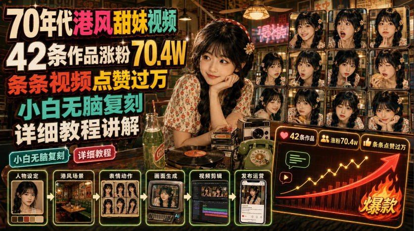 70年代港风甜妹视频，42条作品涨粉70.4W，条条视频点赞过万，小白无脑复刻，详细教程讲解-我爱项目网