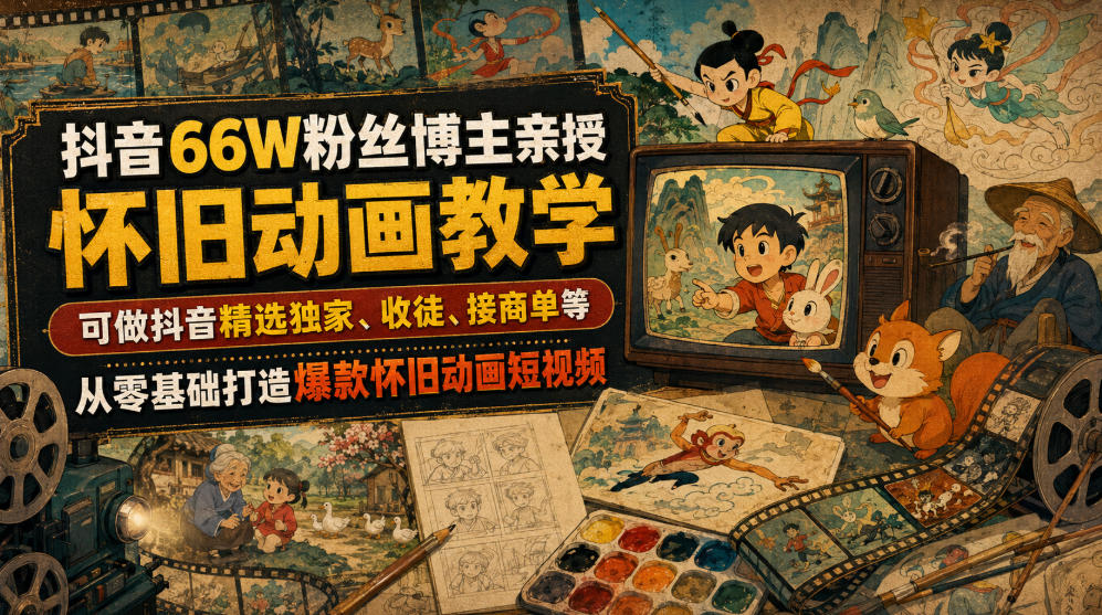 抖音66W粉丝博主亲授怀旧动画教学，可做抖音精选独家、收徒、接商单等，从零基础打造爆款怀旧动画短视频-我爱项目网