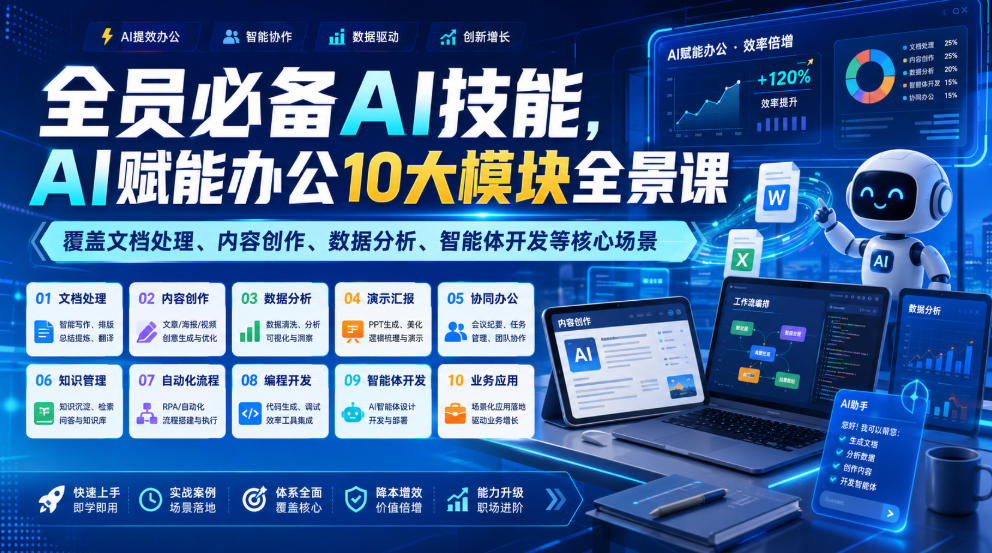 全员必备AI技能，AI赋能办公10大模块全景课，覆盖文档处理、内容创作、数据分析、智能体开发等核心场景-我爱项目网