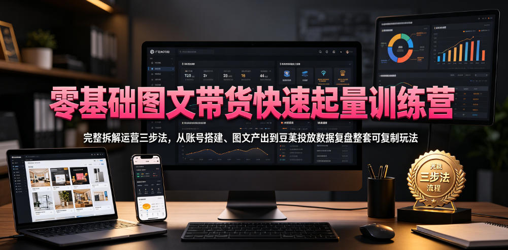 零基础图文带货快速起量训练营，完整拆解运营三步法，从账号搭建、图文产出到豆荚投放数据复盘整套可复制玩法-我爱项目网
