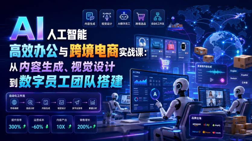 AI人工智能高效办公与跨境电商实战课：从内容生成、视觉设计到数字员工团队搭建-我爱项目网