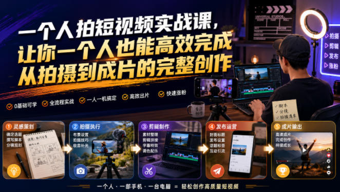 一个人拍短视频实战课，让你一个人也能高效完成从拍摄到成片的完整创作-我爱项目网