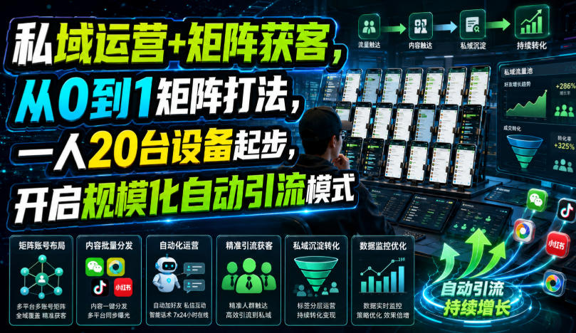 私域运营+矩阵获客，从0到1矩阵打法，一人20台设备起步，开启规模化自动引流模式！-我爱项目网