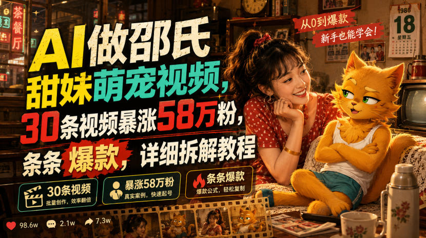 AI做邵氏甜妹萌宠视频，30条视频暴涨58万粉，条条爆款，详细拆解教程-我爱项目网
