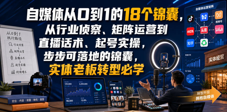 自媒体从0到1的18个锦囊，从行业侦察、矩阵运营到直播话术、起号实操，步步可落地的锦囊，实体老板转型必学-我爱项目网