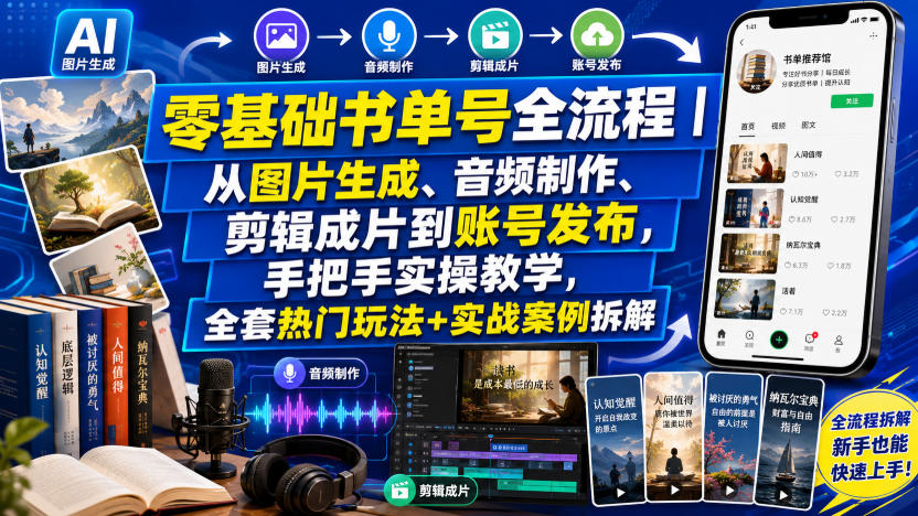 零基础书单号全流程｜从图片生成、音频制作、剪辑成片到账号发布，手把手实操教学，全套热门玩法+实战案例拆解-我爱项目网