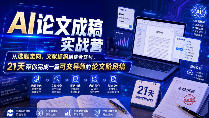 AI论文成稿实战营，从选题定向、文献提纲到整合交付，21天带你完成一篇可交导师的论文阶段稿-我爱项目网