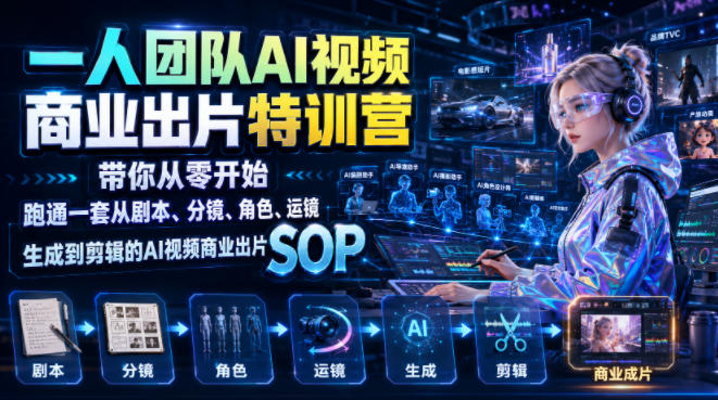 一人团队AI视频商业出片实战课：带你从零开始跑通一套从剧本、分镜、角色、运镜、生成到剪辑的AI视频商业出片SOP-我爱项目网