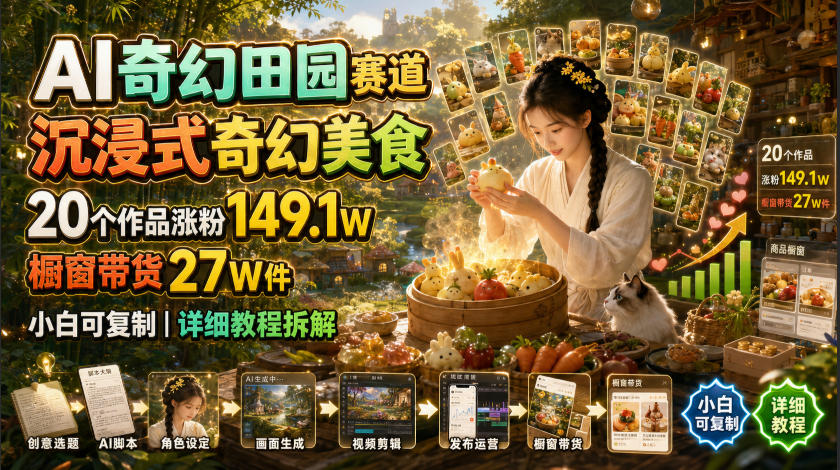 AI奇幻田园赛道，沉浸式奇幻美食，20个作品涨粉149.1W，橱窗带货27W件，小白可复制，详细教程拆解-我爱项目网
