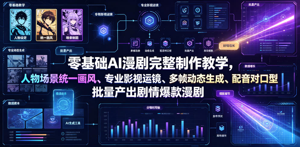 零基础AI漫剧完整制作教学，人物场景统一画风、专业影视运镜、多帧动态生成、配音对口型，批量产出剧情爆款漫剧-我爱项目网