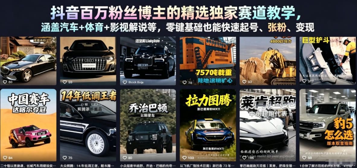 抖音百万粉丝博主的精选独家赛道教学，涵盖汽车+体育+影视解说等，零基础也能快速起号、涨粉、变现（更新0701）-我爱项目网