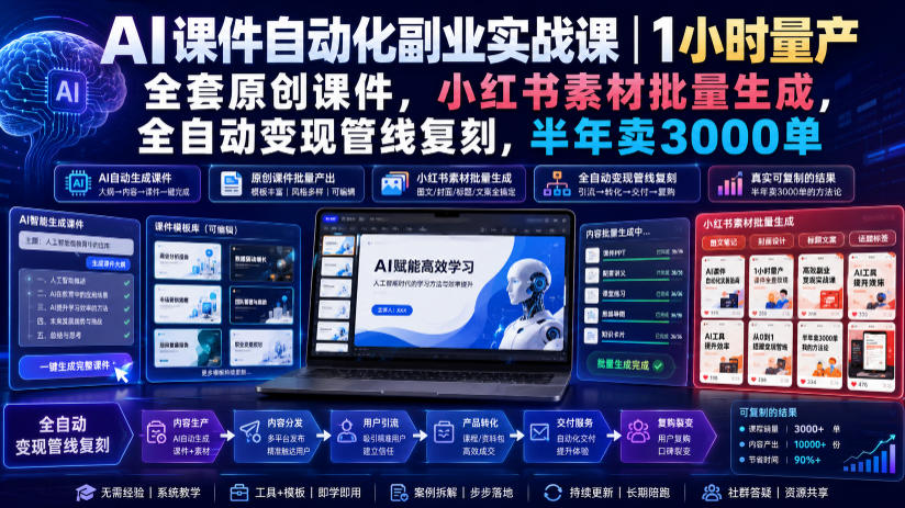 AI课件自动化副业实战课｜1小时量产全套原创课件，小红书素材批量生成，全自动变现管线复刻，半年卖3000单-我爱项目网