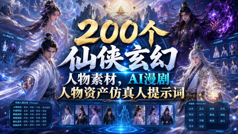 200个仙侠玄幻人物素材,AI漫剧人物资产仿真人提示词-我爱项目网