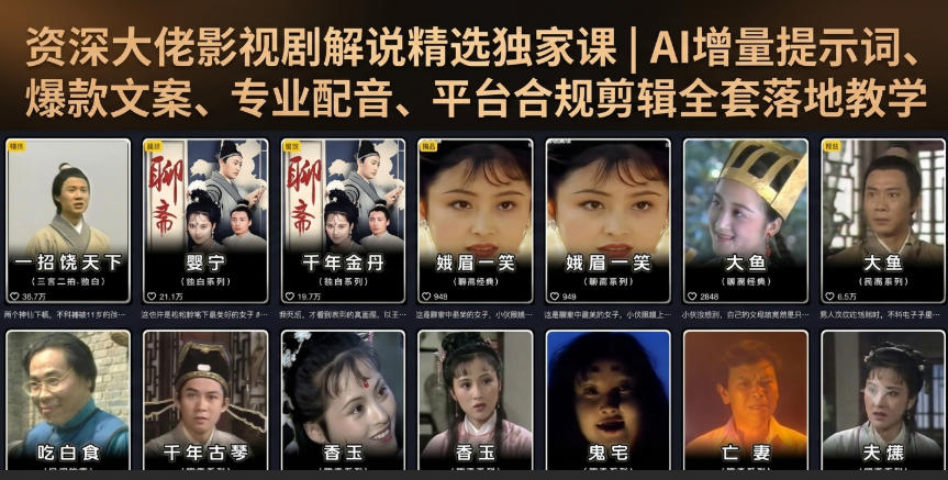 资深大佬影视剧解说精选独家课｜AI增量提示词、爆款文案、专业配音、平台合规剪辑全套落地教学-我爱项目网