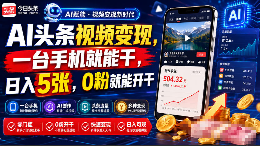 AI头条视频变现，一台手机就能干，日入5张，0粉就能开干-我爱项目网