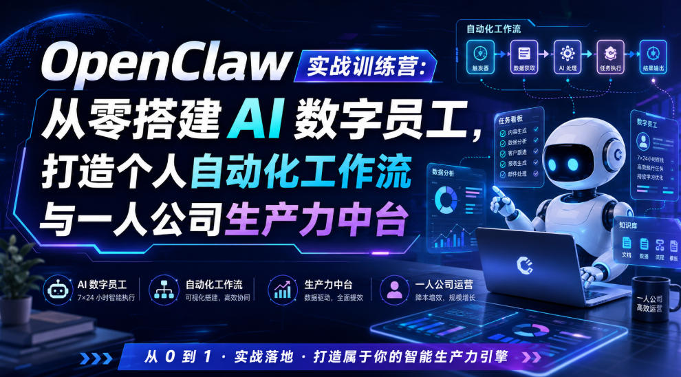 OpenClaw实战训练营：从零搭建AI数字员工，打造个人自动化工作流与一人公司生产力中台-我爱项目网