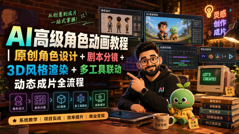 AI高级角色动画教程｜原创角色设计+剧本分镜+3D风格渲染+多工具联动动态成片全流程【中英字幕】-我爱项目网
