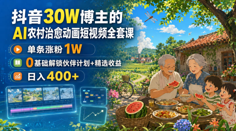 抖音30W博主的AI农村治愈动画短视频全套课｜单条涨粉1W，0基础解锁伙伴计划+精选收益，日入400+-我爱项目网