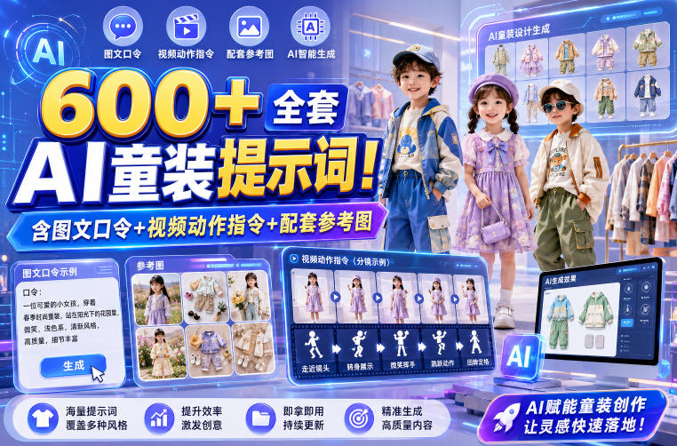 600+全套AI童装提示词！含图文口令+视频动作指令+配套参考图，Word-Excel规整分类，童装电商、种草无脑量产内容！-我爱项目网