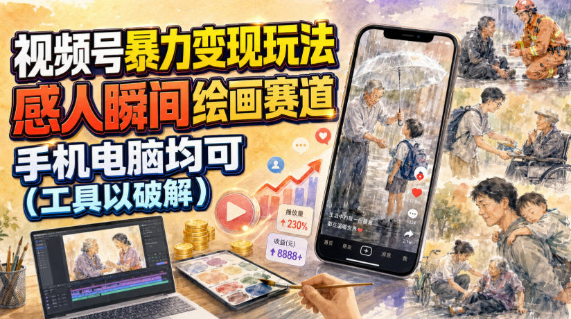 视频号暴力变现玩法，感人瞬间绘画赛道，手机电脑均可-我爱项目网